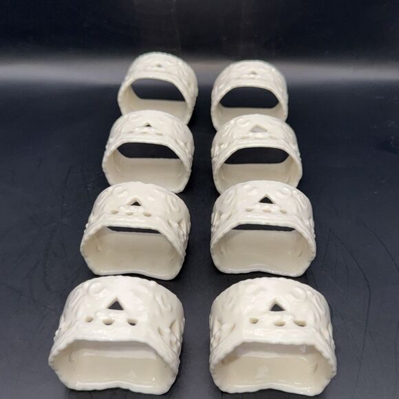 Set of 8 Skye McGhie Porcelain Napkin Rings Cream Lace Pattern Off White Holders - Picture 3 of 7